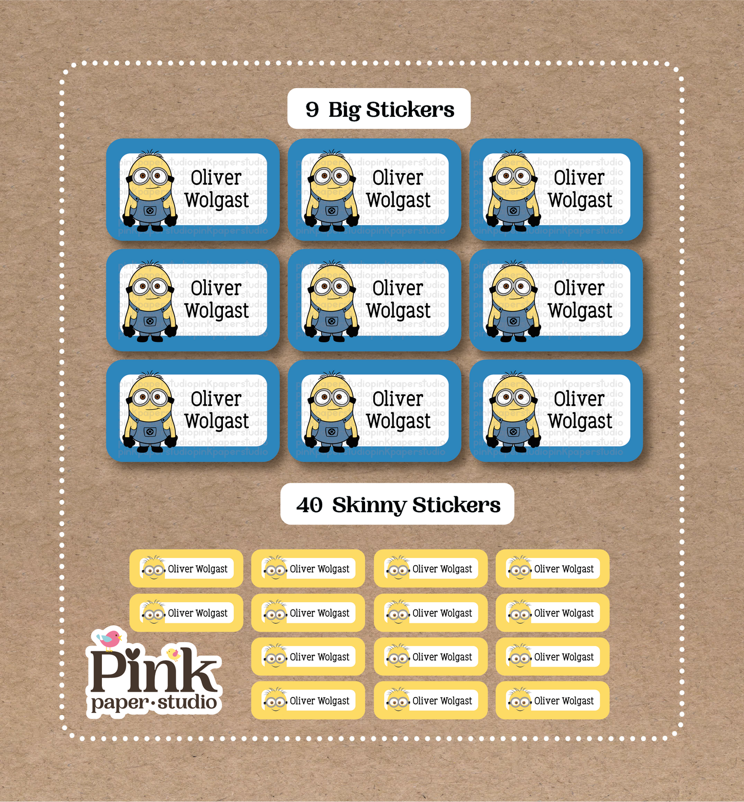 Minions • 9 Big School Name Stickers • 40 Skinny Stickers