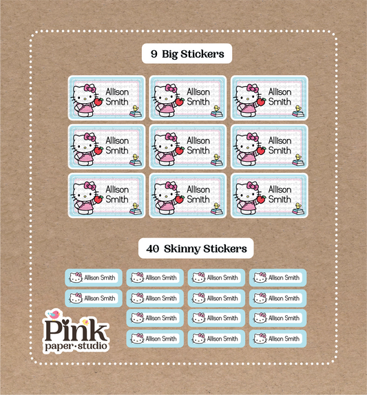 Hello Kitty Set • 9 Big School Name Stickers • 40 Skinny Stickers